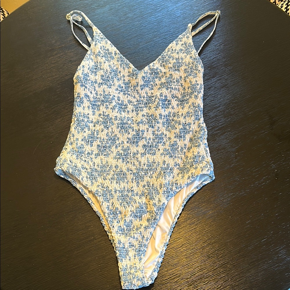 Blue and White Textured Swimsuit